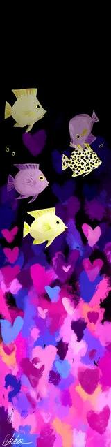 Free purple bookmark featuring yellow fish swimming in hearts
